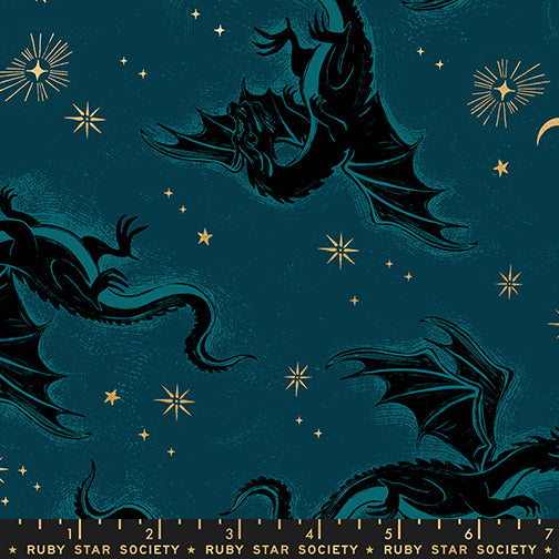 Etched Dragons in Metallic Galaxy quilting fabric, part of the Fireglow fabric collection by Sarah Watts (SKU: RS2131 14M)