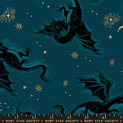 Etched Dragons in Metallic Galaxy quilting fabric, part of the Fireglow fabric collection by Sarah Watts (SKU: RS2131 14M)