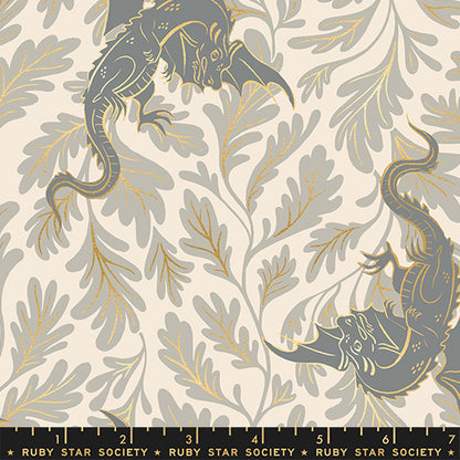 Dragon Lair in Metallic Oyster quilting fabric, part of the Fireglow fabric collection by Sarah Watts (SKU: RS2132 11M)