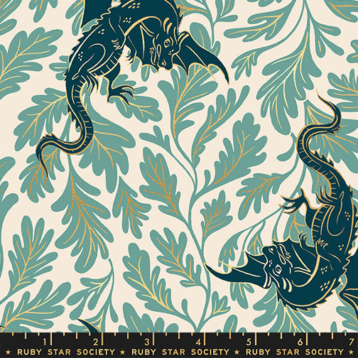 Dragon Lair in Metallic Watercress quilting fabric, part of the Fireglow fabric collection by Sarah Watts (SKU: RS2132 13M)