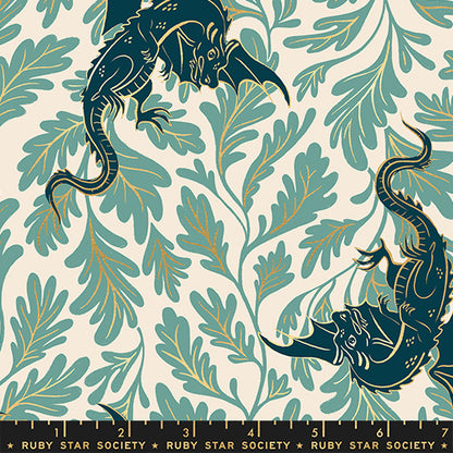Dragon Lair in Metallic Watercress quilting fabric, part of the Fireglow fabric collection by Sarah Watts (SKU: RS2132 13M)