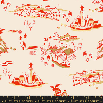 Mountain Town in Metallic Dark Ruby quilting fabric, part of the Fireglow fabric collection by Sarah Watts (SKU: RS2133 11M)