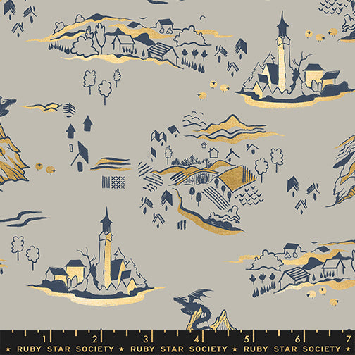 Mountain Town in Metallic Oyster quilting fabric, part of the Fireglow fabric collection by Sarah Watts (SKU: RS2133 13M)