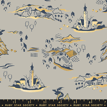 Mountain Town in Metallic Oyster quilting fabric, part of the Fireglow fabric collection by Sarah Watts (SKU: RS2133 13M)