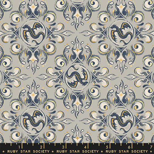 Emblem in Metallic Oyster quilting fabric, part of the Fireglow fabric collection by Sarah Watts (SKU: RS2136 13M)