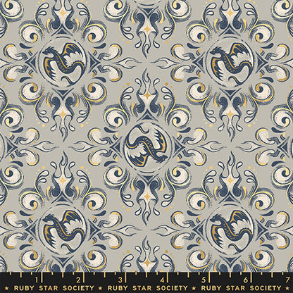 Emblem in Metallic Oyster quilting fabric, part of the Fireglow fabric collection by Sarah Watts (SKU: RS2136 13M)