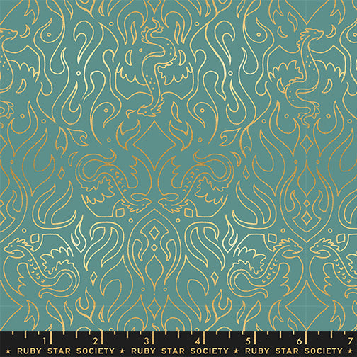 Scribe in Metallic Watercress quilting fabric, part of the Fireglow fabric collection by Sarah Watts (SKU: RS2137 13M)