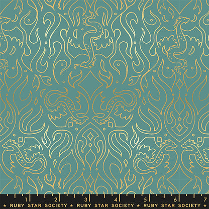 Scribe in Metallic Watercress quilting fabric, part of the Fireglow fabric collection by Sarah Watts (SKU: RS2137 13M)