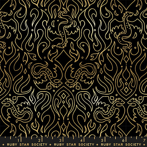 Scribe in Metallic Black quilting fabric, part of the Fireglow fabric collection by Sarah Watts (SKU: RS2137 15M)
