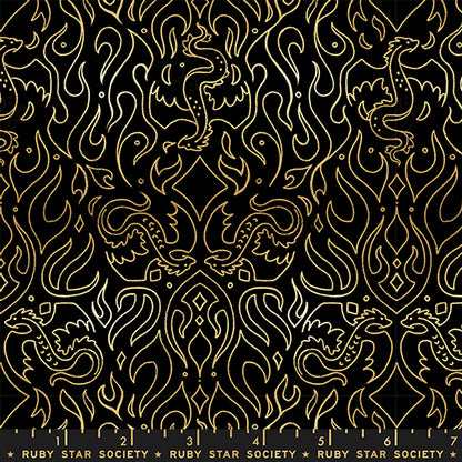 Scribe in Metallic Black quilting fabric, part of the Fireglow fabric collection by Sarah Watts (SKU: RS2137 15M)