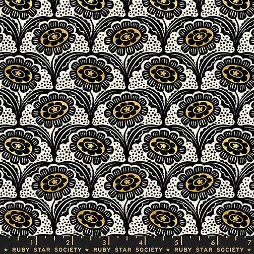 Scallop Flower in Metallic Gold quilting fabric, part of the Ink Shop fabric collection by Sarah Watts (SKU: RS2140 14M)
