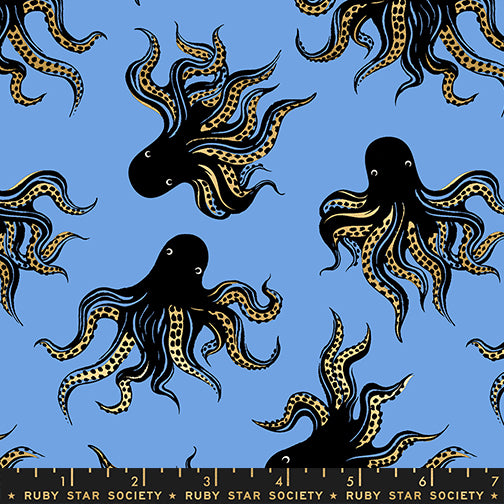 Mystery Food in Metallic Lindley Blue quilting fabric, part of the Ink Shop fabric collection by Sarah Watts (SKU: RS2144 20M)