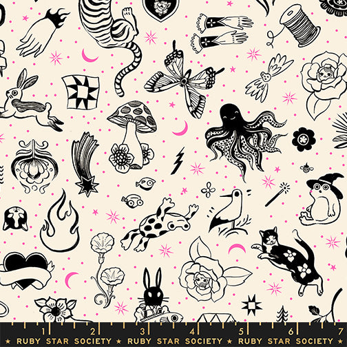 Tattoo Flash in Natural quilting fabric, part of the Ink Shop fabric collection by Sarah Watts (SKU: RS2145 11)