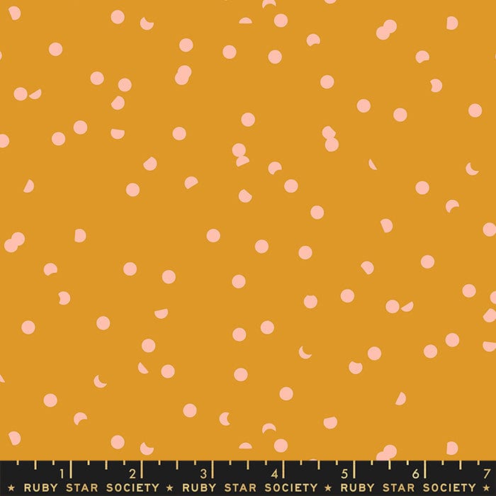 Cotton quilting fabric pattern called 'Dots in Honey'. Part of the 'Hole Punch Dots' fabric collection. Designed by Ruby Star Society for fabric company Moda Fabrics. SKU: RS3025 13. 44-45 inch width.