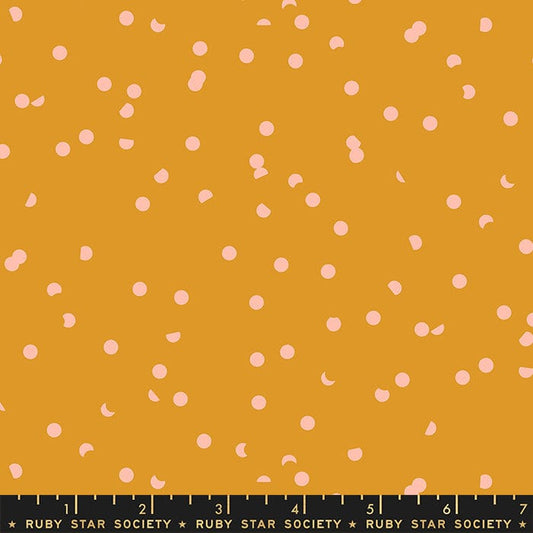 Cotton quilting fabric pattern called 'Dots in Honey'. Part of the 'Hole Punch Dots' fabric collection. Designed by Ruby Star Society for fabric company Moda Fabrics. SKU: RS3025 13. 44-45 inch width.