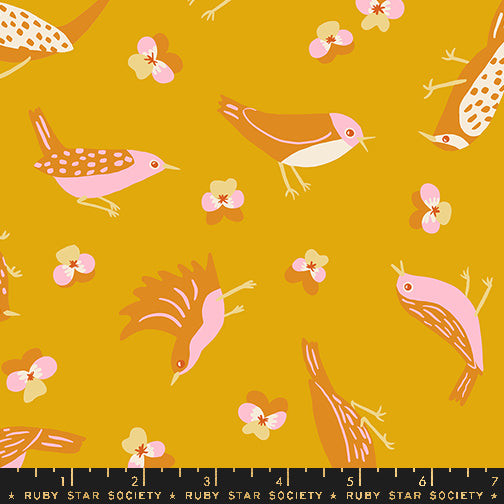 PREORDER - Bird is the Word - Migration in Goldenrod - Kimberly Kight - RS3076 14 - Half Yard