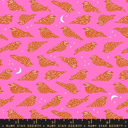 Cotton quilting fabric pattern called 'Whippoorwill in Lipstick'. Part of the 'Bird is the Word' fabric collection. Designed by Kimberly Kight for fabric company Ruby Star Society. SKU: RS3078 13. 44-45 inch width.