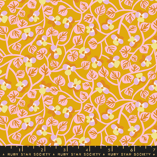 Cotton quilting fabric pattern called 'Pansy in Goldenrod'. Part of the 'Bird is the Word' fabric collection. Designed by Kimberly Kight for fabric company Ruby Star Society. SKU: RS3079 13. 44-45 inch width.