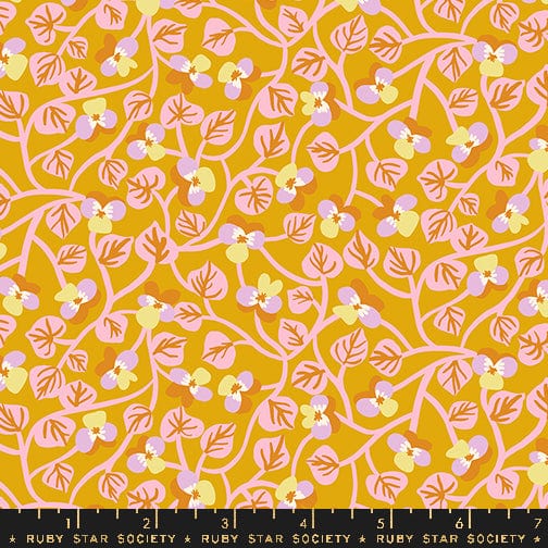 Cotton quilting fabric pattern called 'Pansy in Goldenrod'. Part of the 'Bird is the Word' fabric collection. Designed by Kimberly Kight for fabric company Ruby Star Society. SKU: RS3079 13. 44-45 inch width.