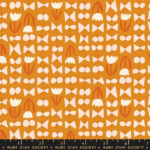 Cotton quilting fabric pattern called 'Butterflies in Turmeric'. Part of the 'Bird is the Word' fabric collection. Designed by Kimberly Kight for fabric company Ruby Star Society. SKU: RS3081 14. 44-45 inch width.