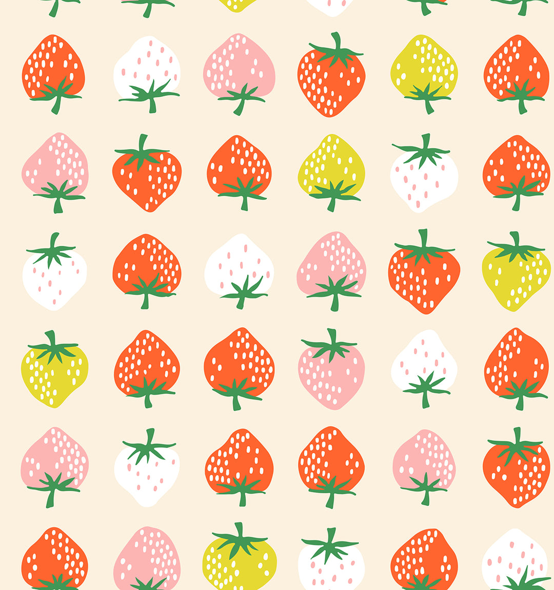 A closeup shot of the quilting fabric pattern called Strawberry, designed by Kimberly Kight, in the shell colorway. The SKU is RS3084 11.