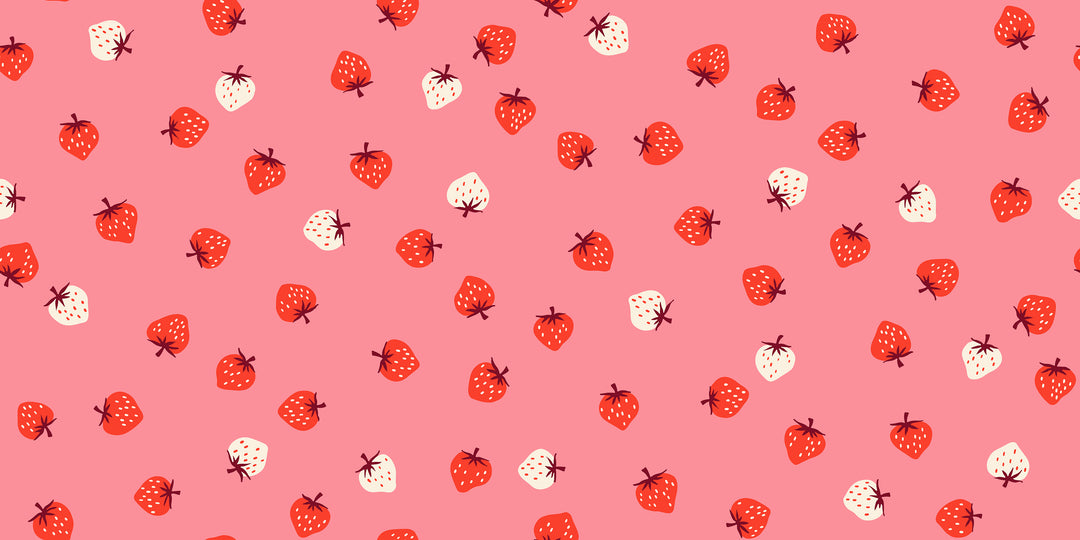 A closeup shot of the quilting fabric pattern called Strawberry Toss, designed by Kimberly Kight, in the sorbet colorway. The SKU is RS3085 16.