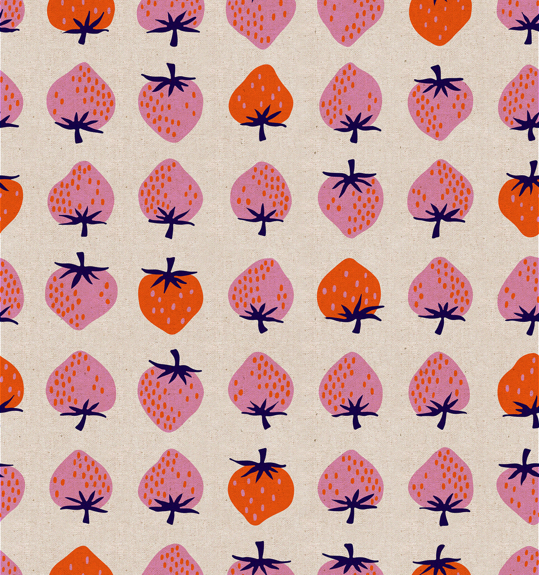 A closeup shot of the quilting fabric pattern called Strawberry Canvas, designed by Kimberly Kight, in the Natural colorway. The SKU is RS3087 12L.