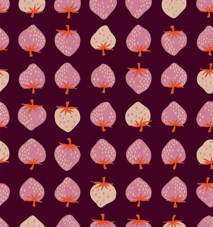 A closeup shot of the quilting fabric pattern called Strawberry Canvas, designed by Kimberly Kight, in the deep plum colorway. The SKU is RS30871 17L.