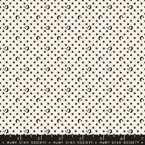 Cotton quilting fabric pattern called 'Moon and Stars in Natural'. Part of the 'Ooh Lucky Lucky' fabric collection. Designed by Alexia Abegg for fabric company Ruby Star Society. SKU: RS4118 11. 44-45 inch width.