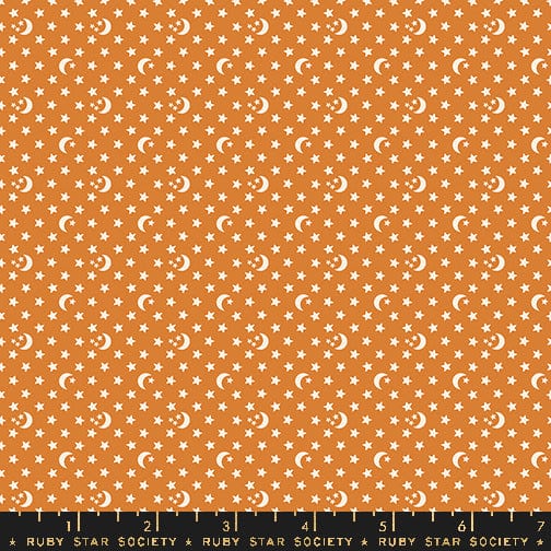 Cotton quilting fabric pattern called 'Moon and Stars in Caramel'. Part of the 'Ooh Lucky Lucky' fabric collection. Designed by Alexia Abegg for fabric company Ruby Star Society. SKU: RS4118 15. 44-45 inch width.