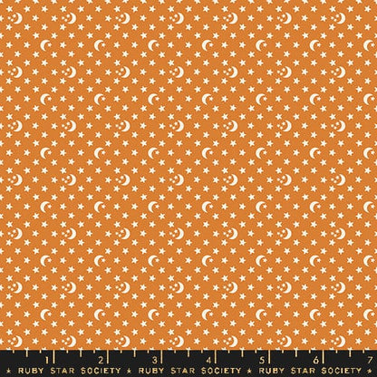 Cotton quilting fabric pattern called 'Moon and Stars in Caramel'. Part of the 'Ooh Lucky Lucky' fabric collection. Designed by Alexia Abegg for fabric company Ruby Star Society. SKU: RS4118 15. 44-45 inch width.