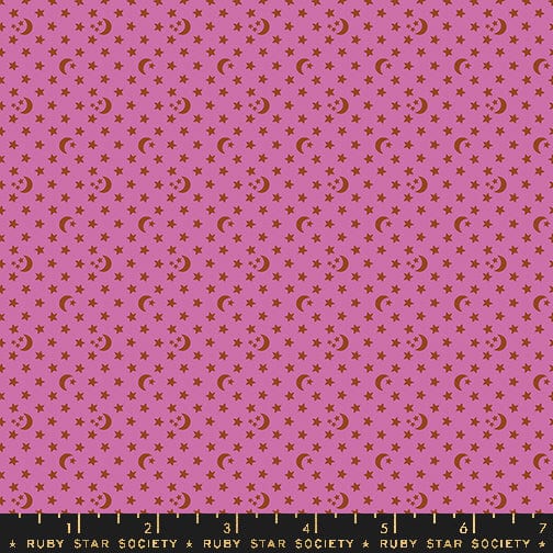 Cotton quilting fabric pattern called 'Moon and Stars in Heliotrope'. Part of the 'Ooh Lucky Lucky' fabric collection. Designed by Alexia Abegg for fabric company Ruby Star Society. SKU: RS4118 18. 44-45 inch width.