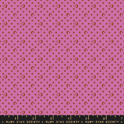 Cotton quilting fabric pattern called 'Moon and Stars in Heliotrope'. Part of the 'Ooh Lucky Lucky' fabric collection. Designed by Alexia Abegg for fabric company Ruby Star Society. SKU: RS4118 18. 44-45 inch width.