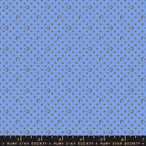 Cotton quilting fabric pattern called 'Moon and Stars in Dusk'. Part of the 'Ooh Lucky Lucky' fabric collection. Designed by Alexia Abegg for fabric company Ruby Star Society. SKU: RS4118 19. 44-45 inch width.