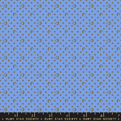 Cotton quilting fabric pattern called 'Moon and Stars in Dusk'. Part of the 'Ooh Lucky Lucky' fabric collection. Designed by Alexia Abegg for fabric company Ruby Star Society. SKU: RS4118 19. 44-45 inch width.