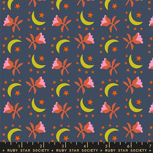 A closeup shot of the quilting fabric pattern called Moonflower, designed by Alexia Abegg for Ruby Star Society, in the smoke colorway. The SKU is RS4133 15.