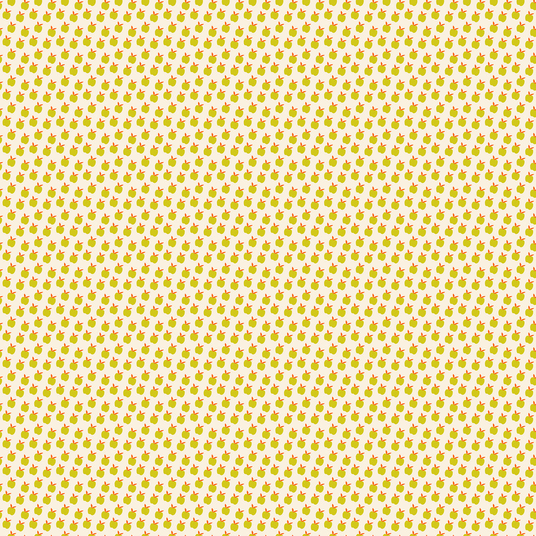 A closeup shot of the quilting fabric pattern called Apples, designed by Alexia Abegg for Ruby Star Society, in the pistachio colorway. The SKU is RS4134 11.