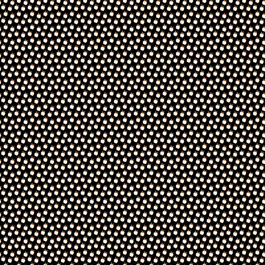 A closeup shot of the quilting fabric pattern called Apples, designed by Alexia Abegg for Ruby Star Society, in the black colorway. The SKU is RS4134 17.