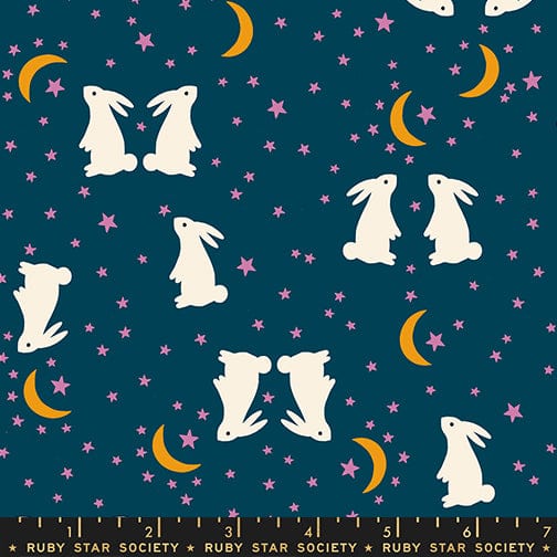 Bunnies in Galaxy quilting fabric, part of the Mystic Fable fabric collection by Alexia Abegg (SKU: RS4147 14)