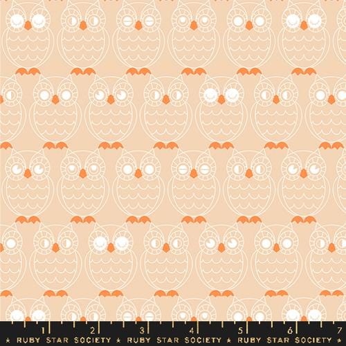 Cotton quilting fabric pattern called 'Hoos There in Creme Brûlée'. Part of the 'Good Spirits' fabric collection. Designed by Ruby Star Society for fabric company Moda. SKU: RS5140 11. 44-45 inch width.