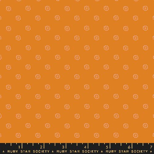 Cotton quilting fabric pattern called 'Stamped Flower in Turmeric'. Part of the 'Favorite Flowers' fabric collection. Designed by Ruby Star Society for fabric company Ruby Star Society. SKU: RS5150 14. 44-45 inch width.