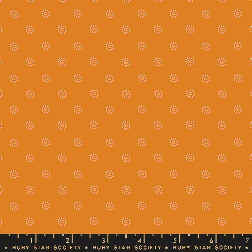 Cotton quilting fabric pattern called 'Stamped Flower in Turmeric'. Part of the 'Favorite Flowers' fabric collection. Designed by Ruby Star Society for fabric company Ruby Star Society. SKU: RS5150 14. 44-45 inch width.