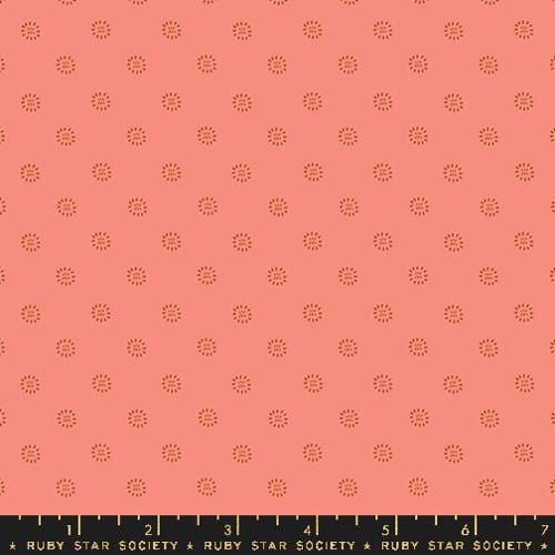 Cotton quilting fabric pattern called 'Stamped Flower in Dark Melon'. Part of the 'Favorite Flowers' fabric collection. Designed by Ruby Star Society for fabric company Ruby Star Society. SKU: RS5150 17. 44-45 inch width.