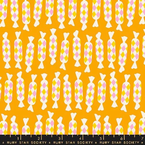 Cotton quilting fabric pattern called 'Diamond Candies in Clementine'. Part of the 'Eye Candy' fabric collection. Designed by Ruby Star Society for fabric company Ruby Star Society. SKU: RS5159 18. 44-45 inch width.