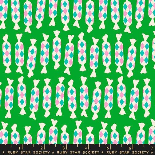 Cotton quilting fabric pattern called 'Diamond Candies in Verdant'. Part of the 'Eye Candy' fabric collection. Designed by Ruby Star Society for fabric company Ruby Star Society. SKU: RS5159 23. 44-45 inch width.