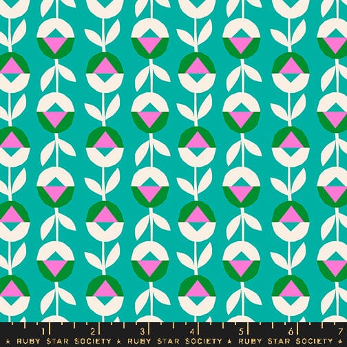 Cotton quilting fabric pattern called 'Flower Chain in Tropic'. Part of the 'Eye Candy' fabric collection. Designed by Ruby Star Society for fabric company Ruby Star Society. SKU: RS5161 19. 44-45 inch width.