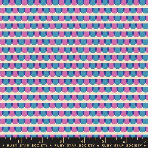 Cotton quilting fabric pattern called 'Roof Tiles in Vintage Blue'. Part of the 'Animal Animal' fabric collection. Designed by Ruby Star Society for fabric company MODA. SKU: RS5167 13. 44-45 inch width.