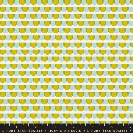 Cotton quilting fabric pattern called 'Roof Tiles in Pistachio'. Part of the 'Animal Animal' fabric collection. Designed by Ruby Star Society for fabric company MODA. SKU: RS5167 14. 44-45 inch width.