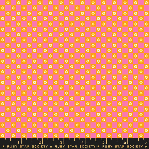 Cotton quilting fabric pattern called 'Flower Check in Orange'. Part of the 'Animal Animal' fabric collection. Designed by Ruby Star Society for fabric company MODA. SKU: RS5169 13. 44-45 inch width.