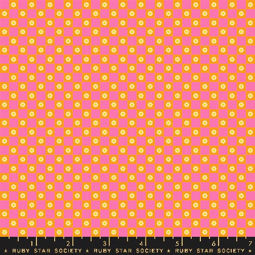 Cotton quilting fabric pattern called 'Flower Check in Orange'. Part of the 'Animal Animal' fabric collection. Designed by Ruby Star Society for fabric company MODA. SKU: RS5169 13. 44-45 inch width.